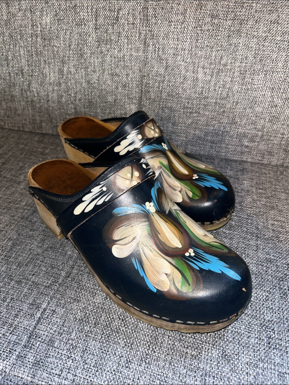 Hand-Painted Floral Navy Leather Clogs